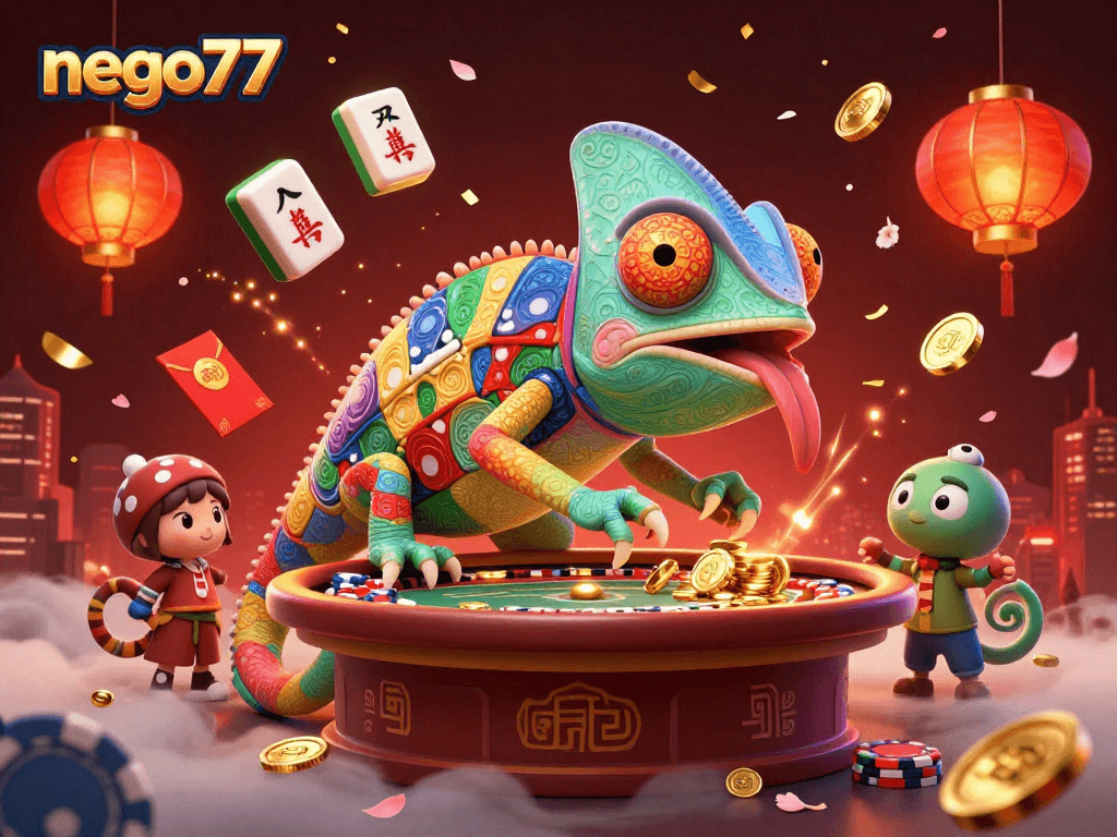 Experience thrilling gameplay with nego77 as the chameleon casino owner captures golden coins.