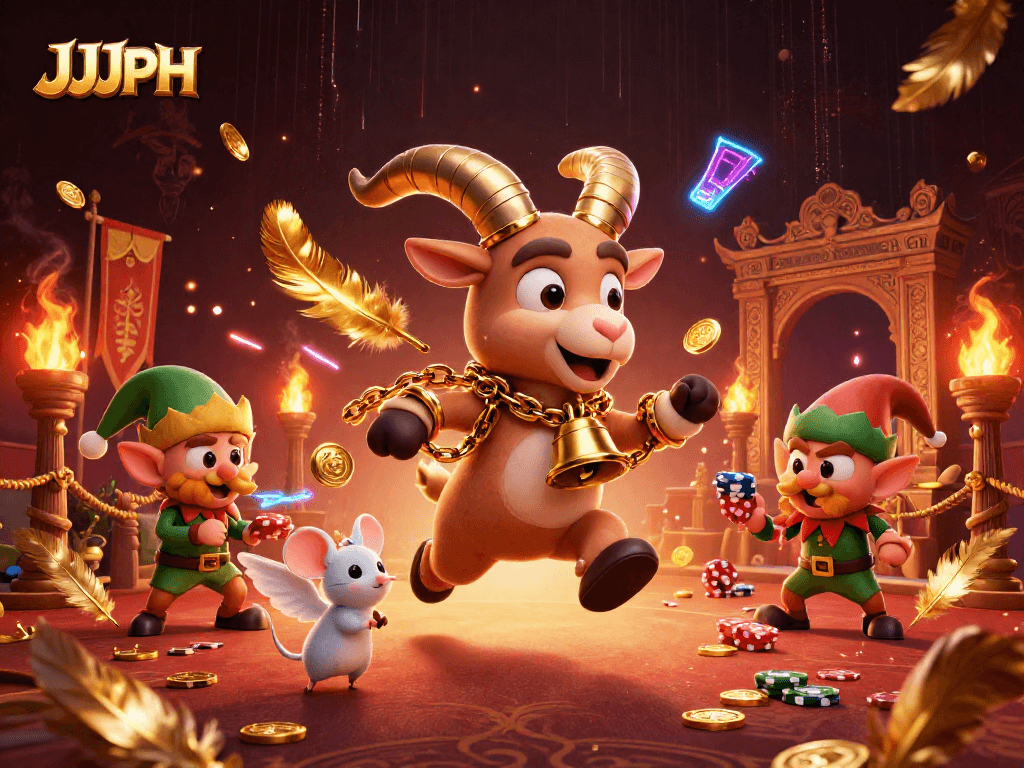 Ang Krampus goat at mga elf gremlins ay naglalaro sa casino JJJPH na puno ng mga chips at premyo.