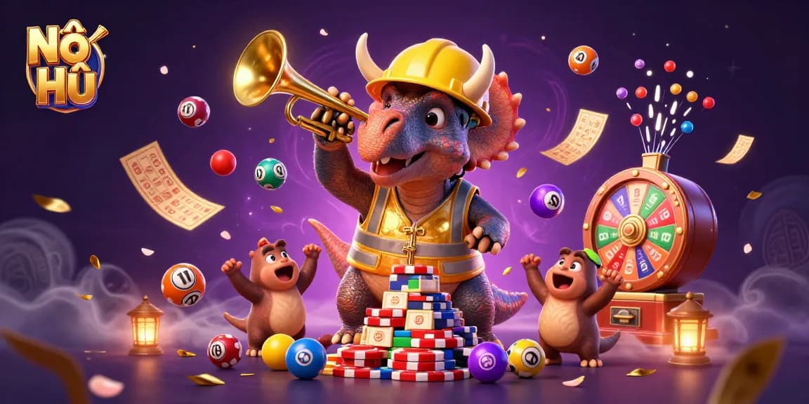 Nổ Hũ brings excitement as the triceratops builds a poker chip pyramid amidst a vibrant casino scene.