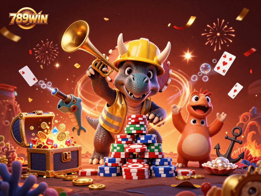 Experience the excitement of 789WIN as triceratops build poker chip pyramids in celebration.