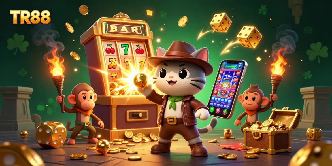 Join the excitement at TR88 with a vibrant 3D scene showcasing thrilling casino games and energetic characters.