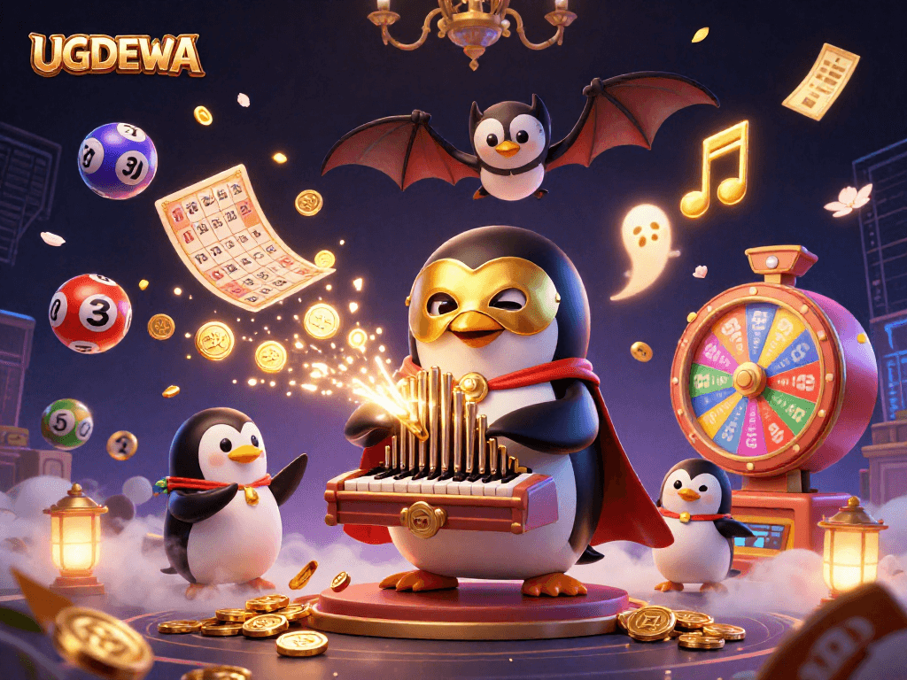 Experience the thrilling UGDEWA gaming scene with vibrant lottery elements in a festive 3D illustration.