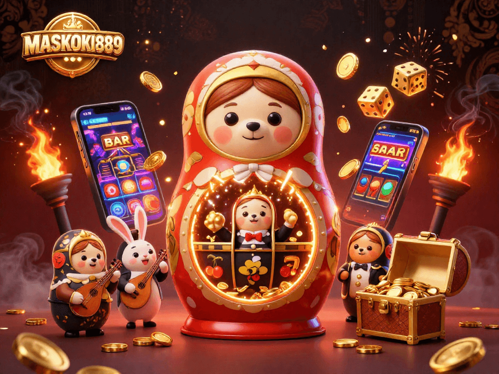 Experience the excitement at MASKOKI889 with vibrant 3D casino illustration showcasing lively characters and dynamic gameplay.