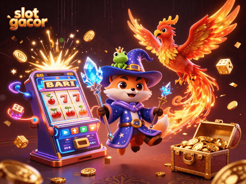 Slot gacor memukau dalam ilustrasi 3D, menampilkan penyihir, phoenix, dan elemen permainan kasino.