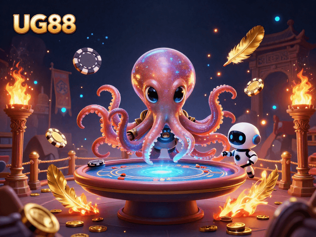 Engage in thrilling action with UG88 at a cosmic poker table amidst stunning visuals.