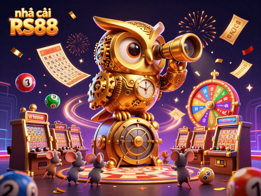 Engage with nhà cái RS88's energetic casino atmosphere featuring a vibrant owl and lively mice patrons.