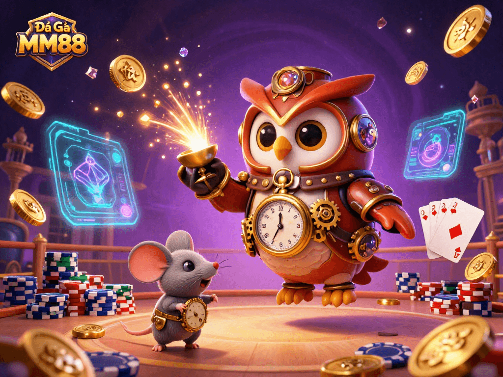 Experience vibrant cockfighting action at Đá Gà MM88 with dynamic coins and poker chips.