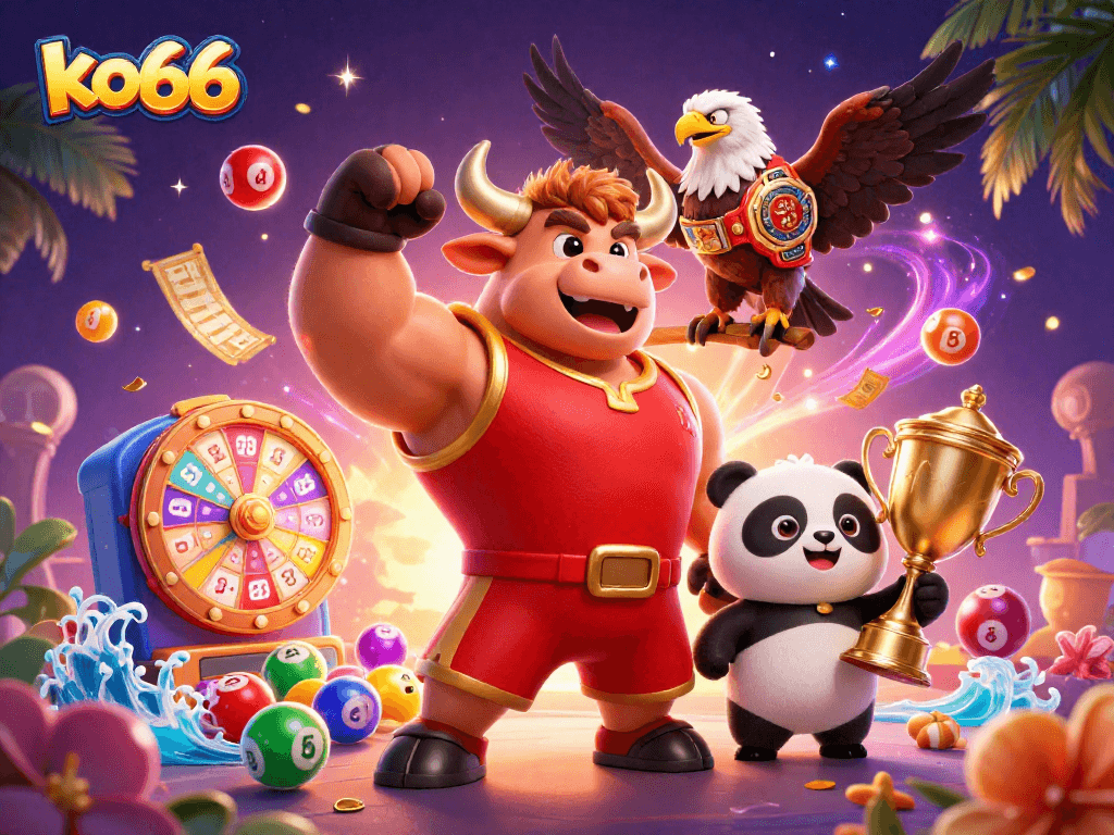 Experience exciting wins at ko66 with a celebration of vibrant casino elements and energetic characters.