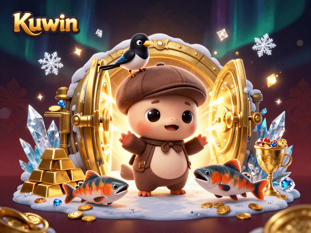 Kuwin showcases a vibrant online casino scene with charming characters and sparkling treasures.