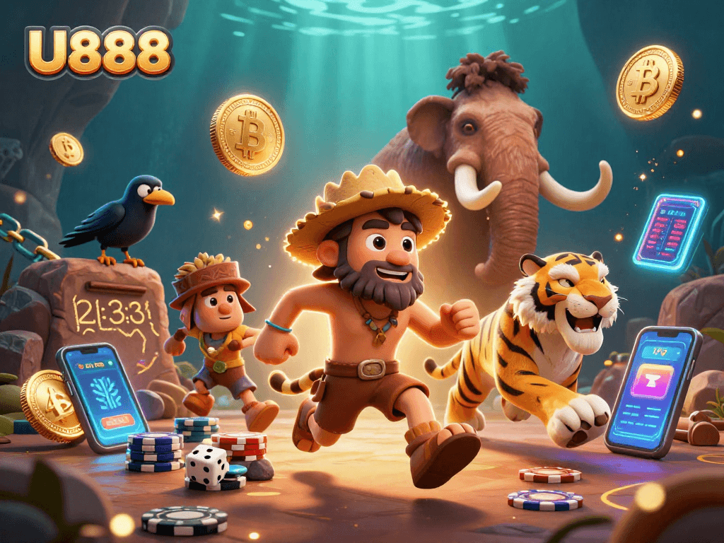 Experience the thrill of U888 at a lively prehistoric casino with cavemen and crypto elements.