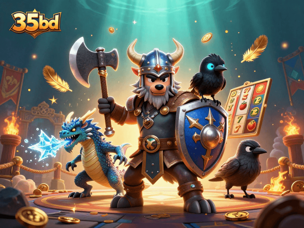 Experience thrilling slots action with 35bd's Viking warrior, dragon, and cartoon raven!