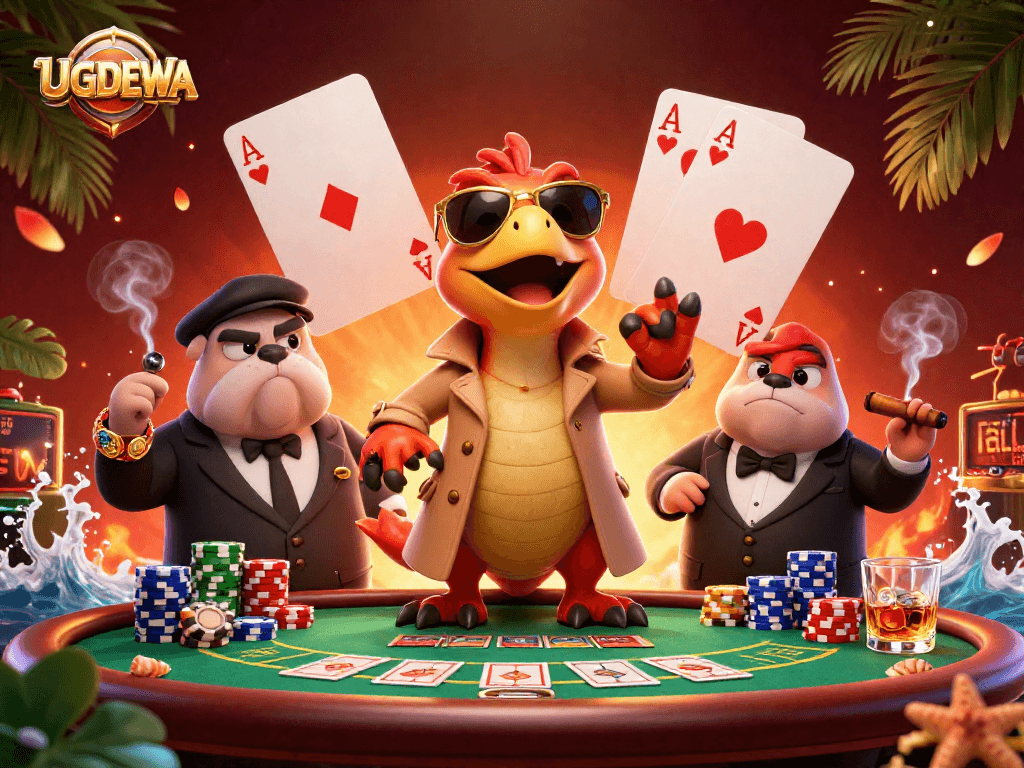 Experience the excitement at UGDEWA with a comedic scene of raptors sneaking into a VIP casino lounge.