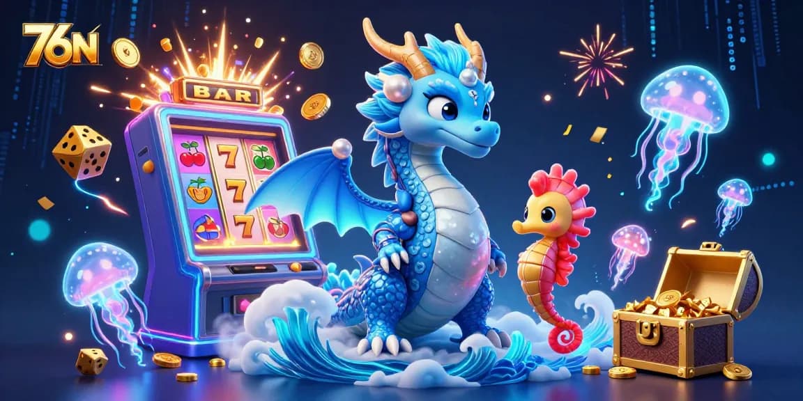 Apostar no 76N enquanto o dragão azul majestoso envolve um jackpot de cassino iluminado.