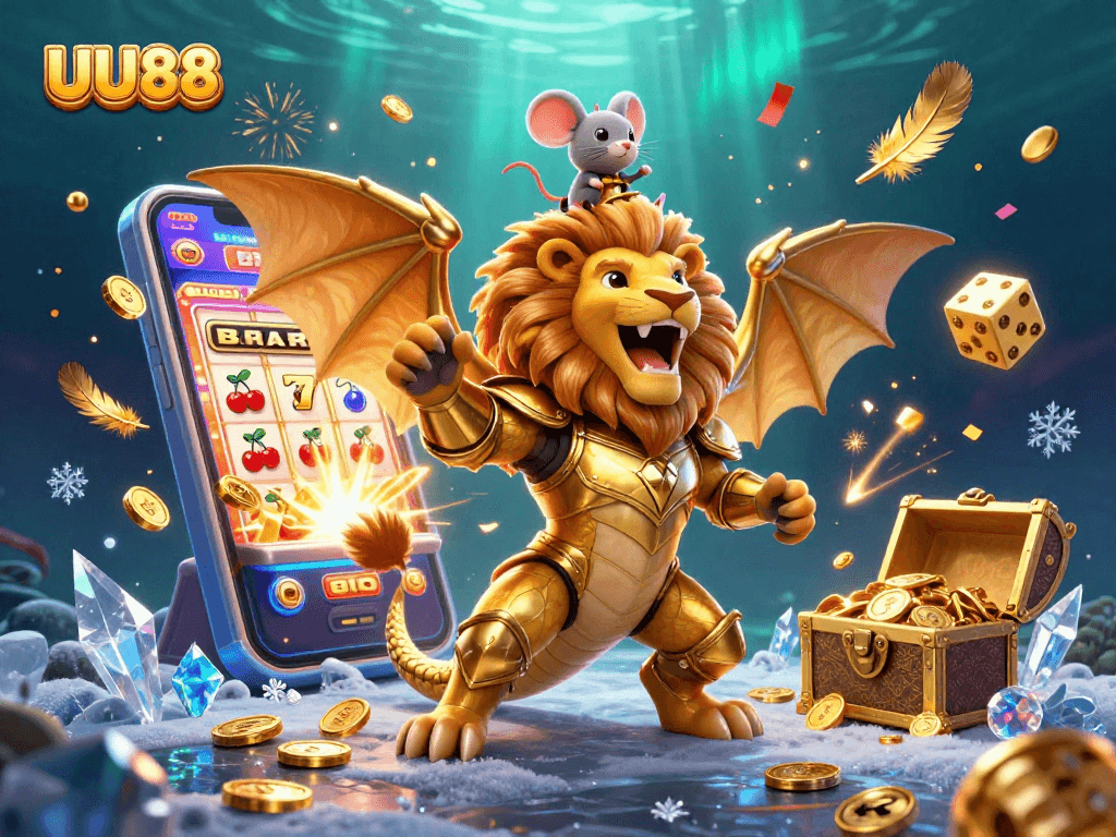 Experience thrilling gameplay at UU88 with triumphant chimera, lively slot machines, and colorful casino elements.