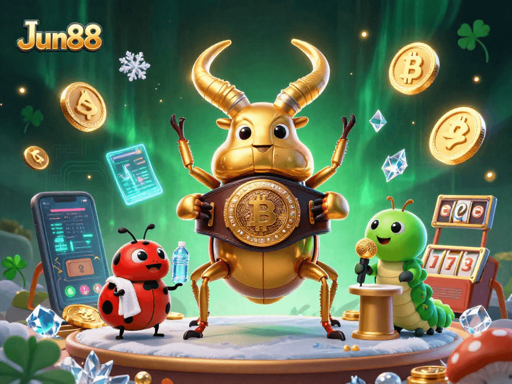 Experience big wins with Jun88 at this vibrant casino scene showcasing whimsical characters and immersive games.