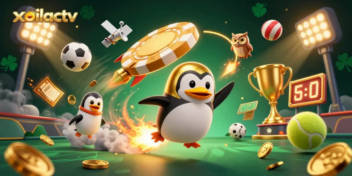 Xoilactv offers an engaging space exploration of sports with a golden penguin leading a dynamic adventure.