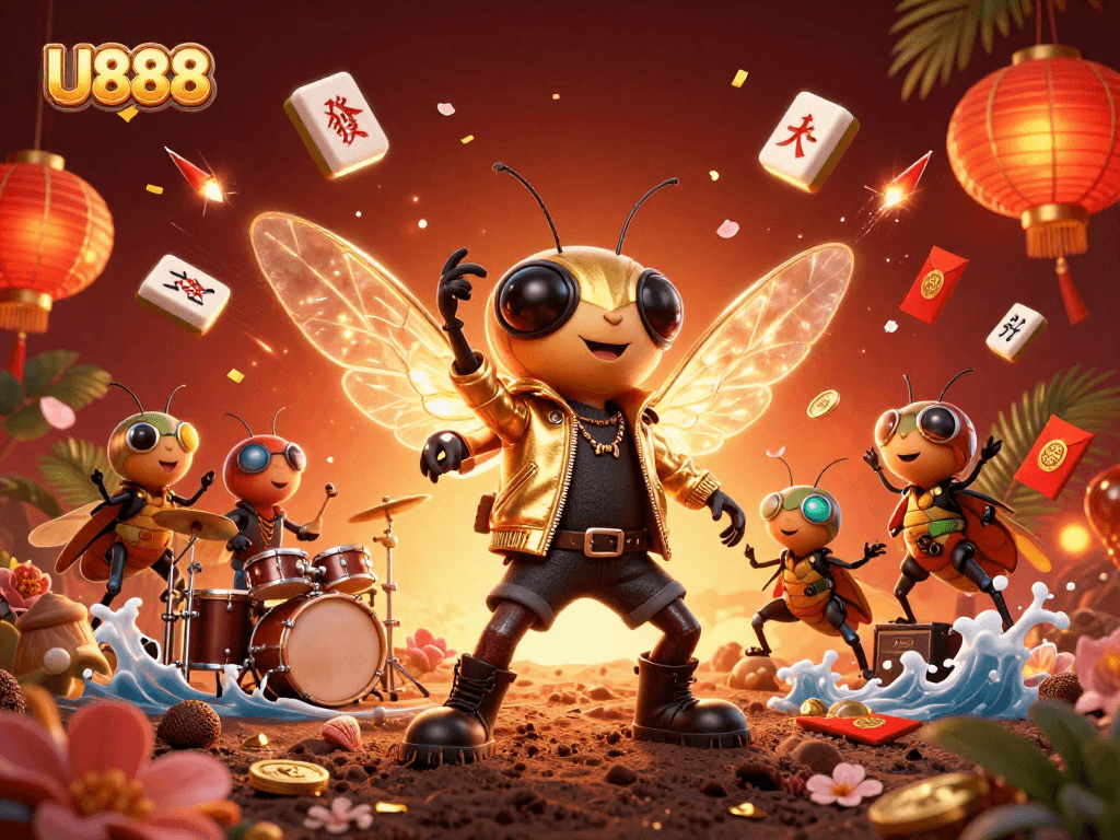 Experience thrilling U888 gaming with a vibrant 3D illustration of a cicada rock star amid spectacular casino elements.