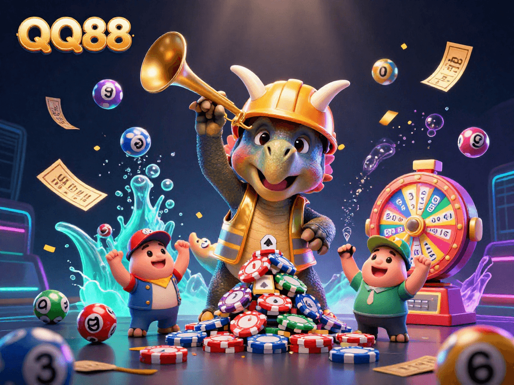 Join the excitement of QQ88 with a dynamic scene of casino characters celebrating wins and vibrant gaming elements.