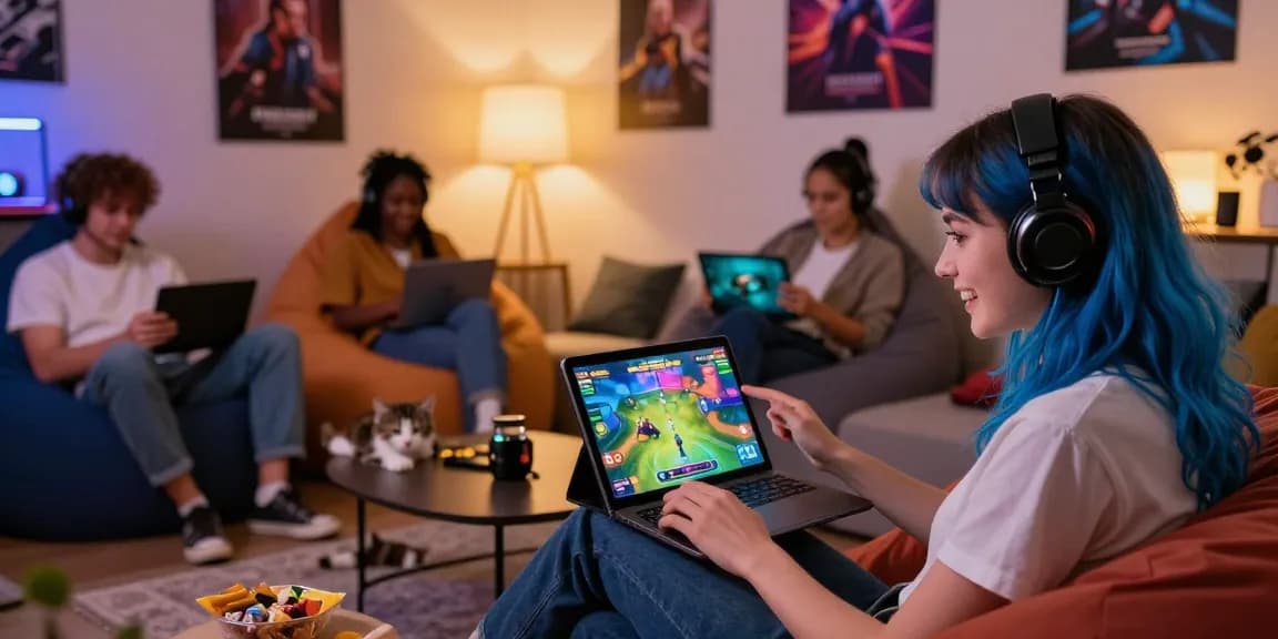 Engaging scene of players enjoying an online porn game on various devices in a cozy gaming setup.