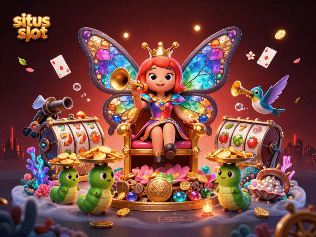 Visualisasi situs slot yang meriah dengan ratu kupu-kupu dan simbol buah bersinar di sekitar.