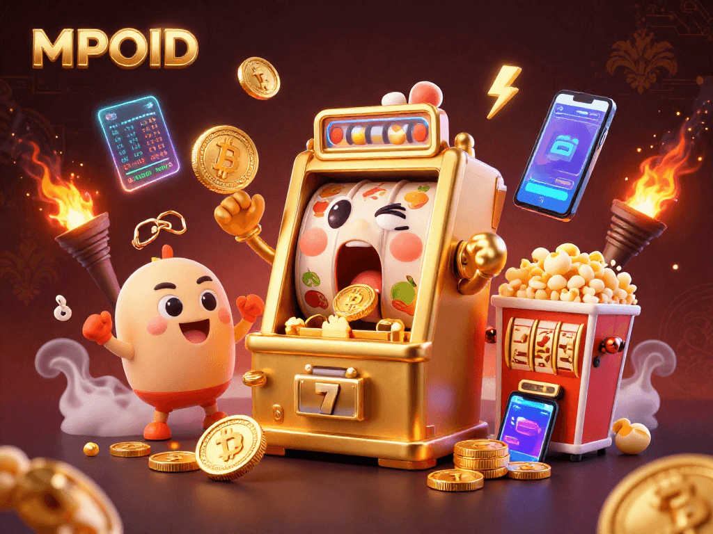 Experience the MPOID jackpot with a vibrant 3D illustration of a golden slot machine overflowing with coins.
