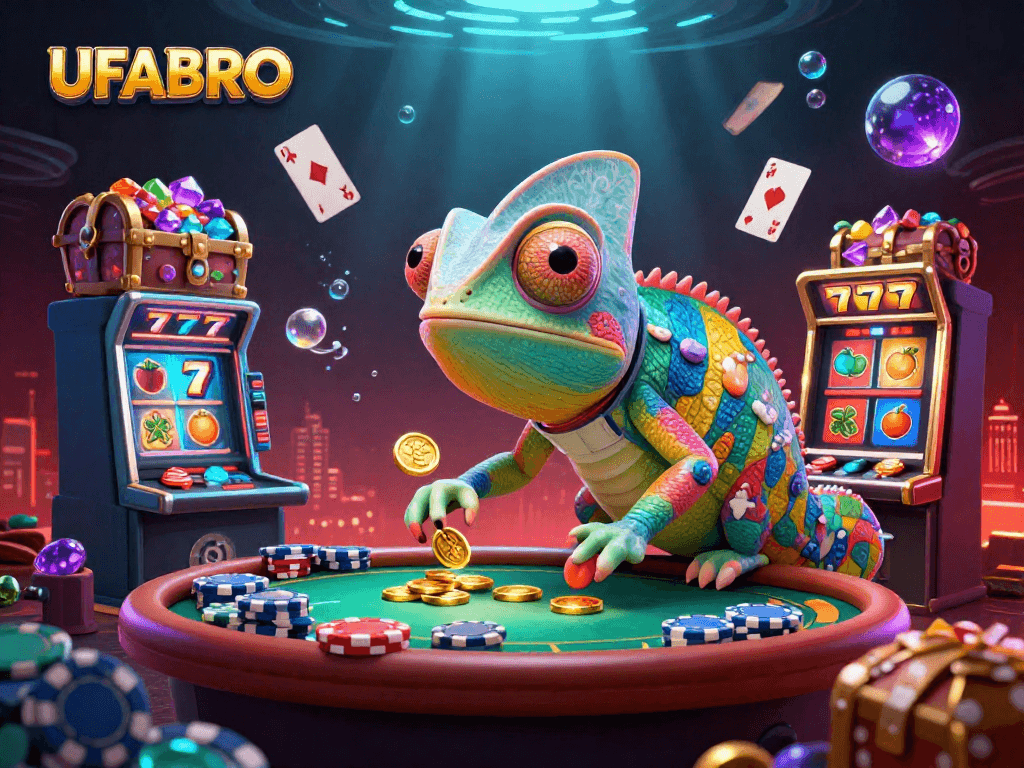 Experience thrilling casino action with UFABRO's vibrant chameleon owner amidst spectacular slot games.