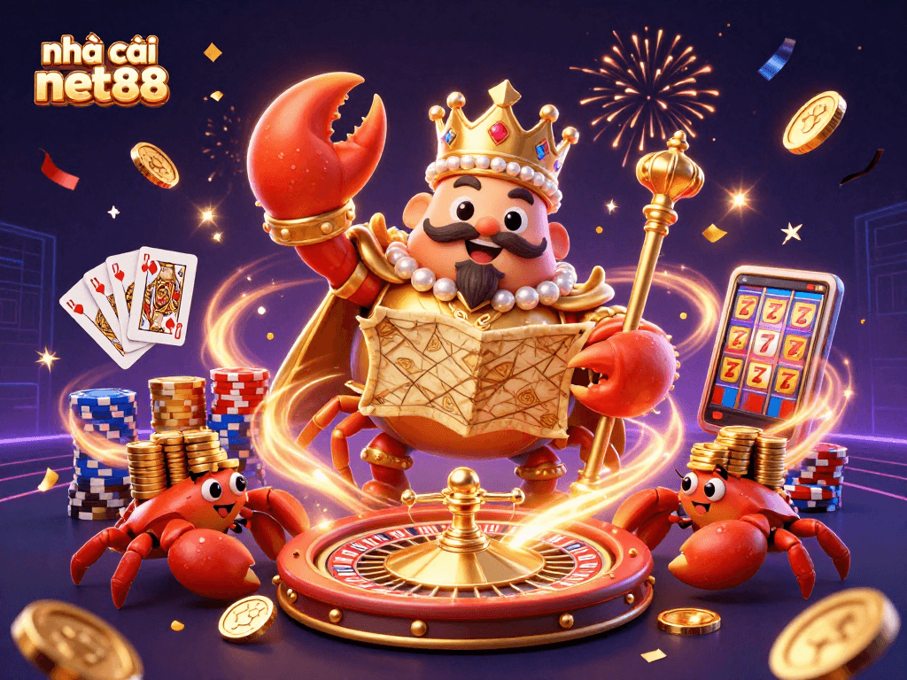 Experience excitement with nhà cái net88 featuring a regal crab emperor in a vibrant casino scene.