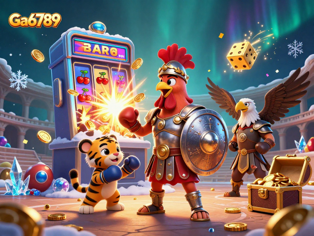 Ga6789 showcases an action-packed casino scene with a gladiator rooster and vibrant games.