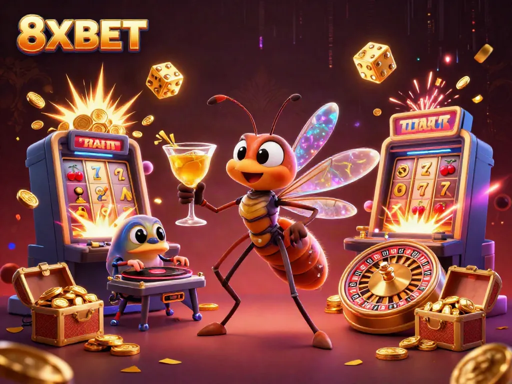 Cocktail mascot and trilobite DJ bring 8XBET's casino to life with dynamic slots and golden roulette.