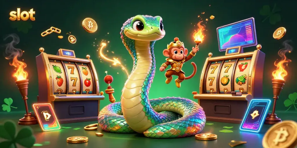 Bermain slot dengan raja monyet dalam permainan kasino, dikelilingi simbol keberuntungan