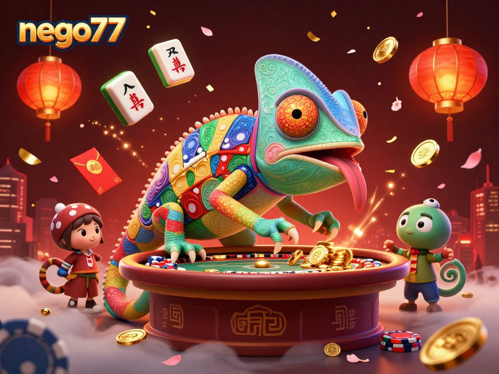 Experience thrilling gameplay with nego77 as the chameleon casino owner captures golden coins.