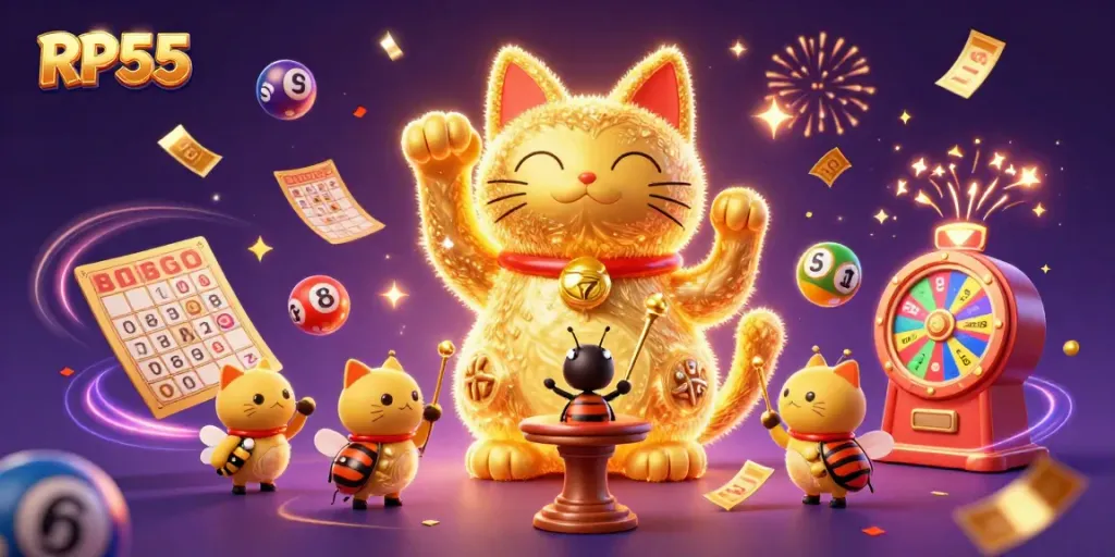 Experience RP55's vibrant casino magic with a golden lucky cat made of fireflies, capturing the spirit of luck and winning.