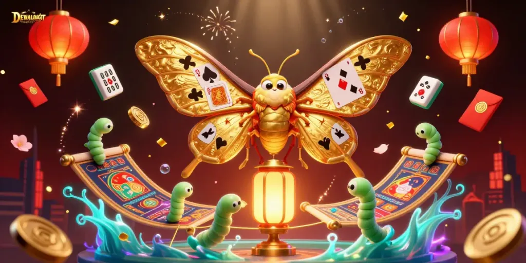 Ilustrasi kasino dengan DEWALANGIT dan kupu-kupu 3D yang berkilau, menggambarkan suasana permainan yang meriah.