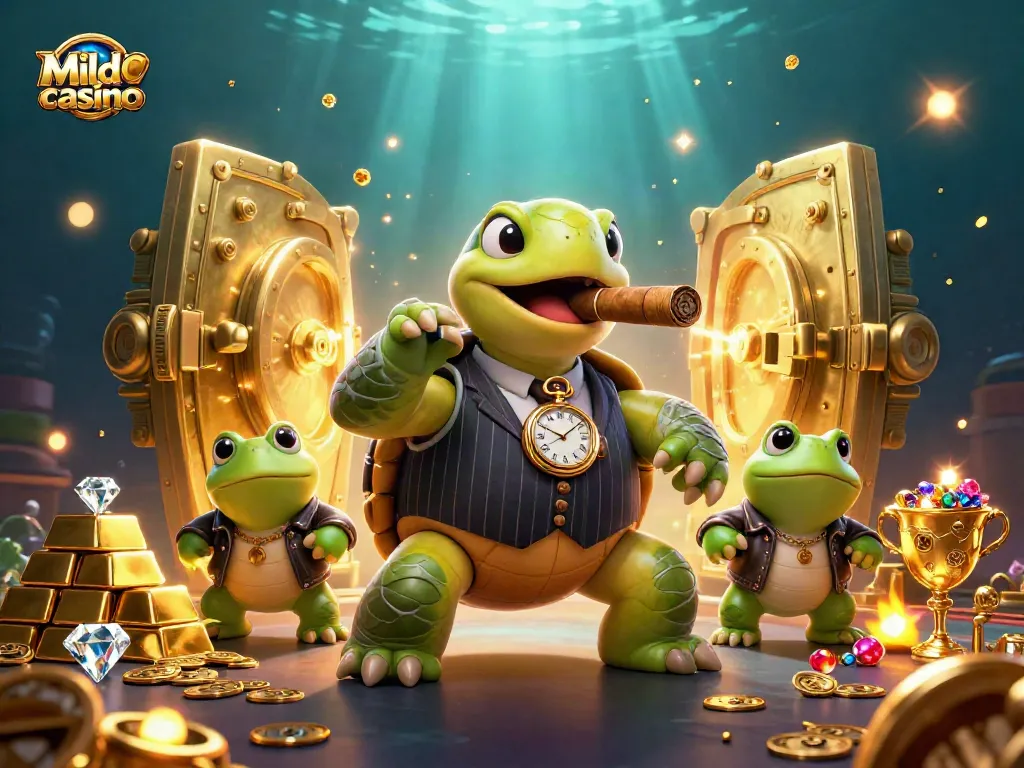 Mildcasino showcases a 3D scene featuring a snapping turtle mobster and bullfrog enforcers with treasure elements.