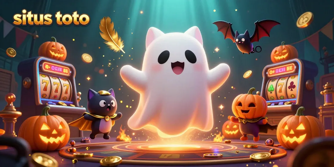 Engage in exciting gameplay at situs toto with a friendly ghost cat and vampire bat in a vibrant casino scene.