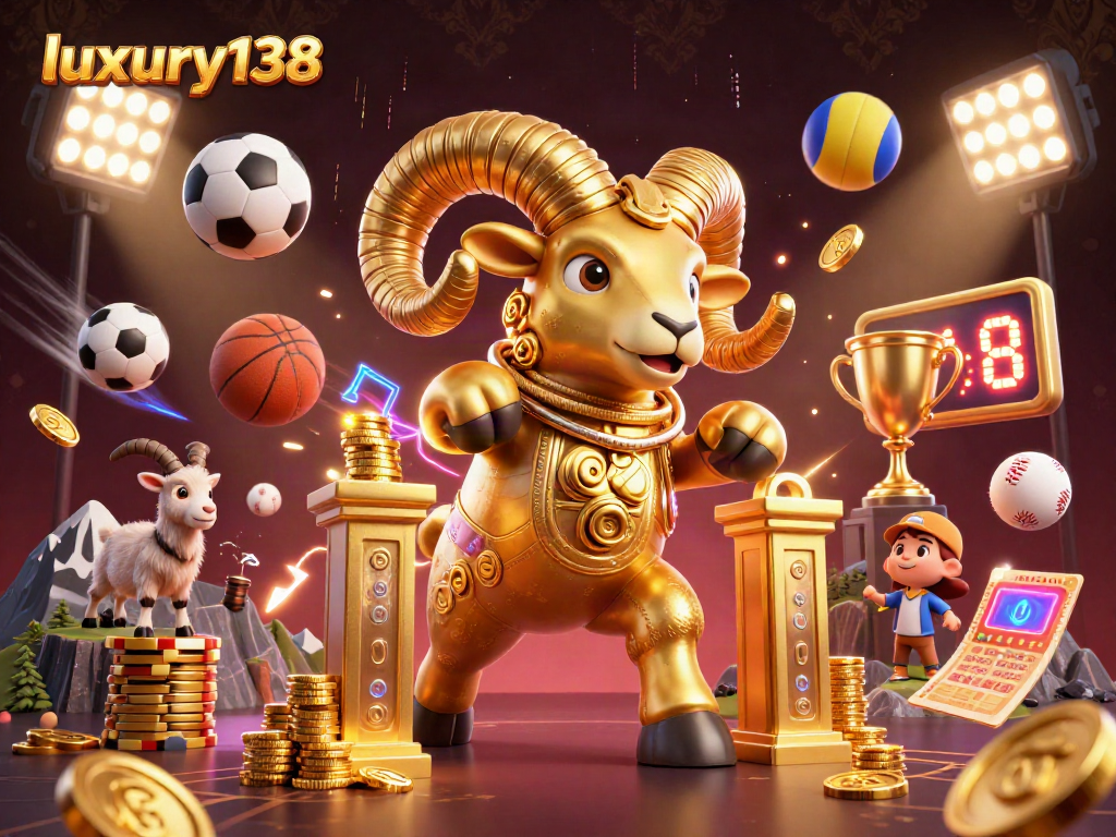 Visualisasi dinamis di luxury138 menampilkan domba emas dengan simbol permainan taruhan yang glamor.
