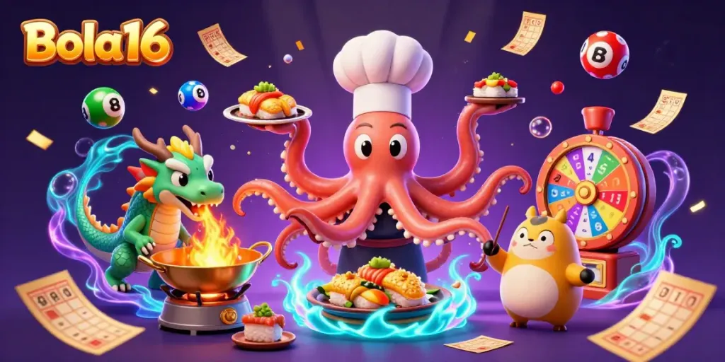 Bola16 showcases an exciting scene with a sushi chef octopus, a fiery dragon, and a tanuki customer amid colorful lottery elements.