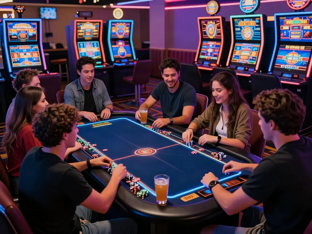 Friends enjoying online gaming at an akunjp casino table, vibrant atmosphere with neon lights.