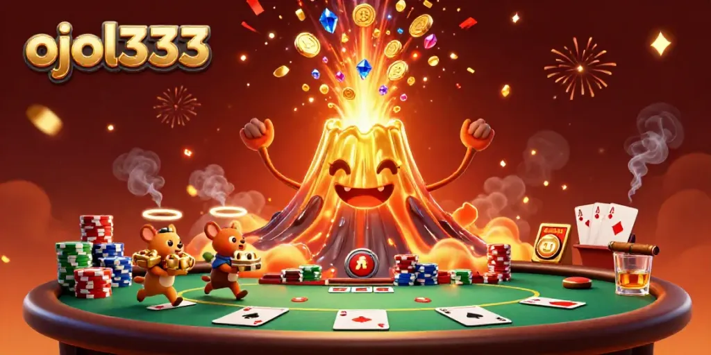Experience the thrill of ojol333 online gambling with a vibrant scene featuring a golden volcano and poker game elements.