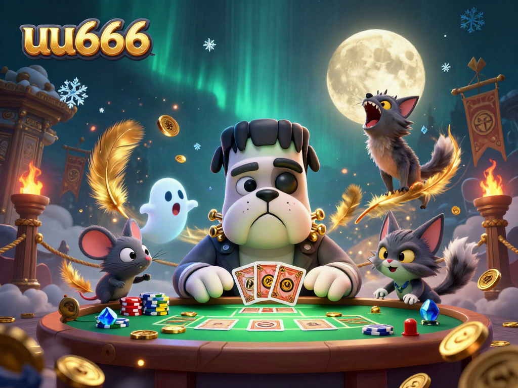 uu666 cards dealt by a cartoon Frankenstein bulldog in a spooky casino scene with ghost mouse and werewolf kitten.