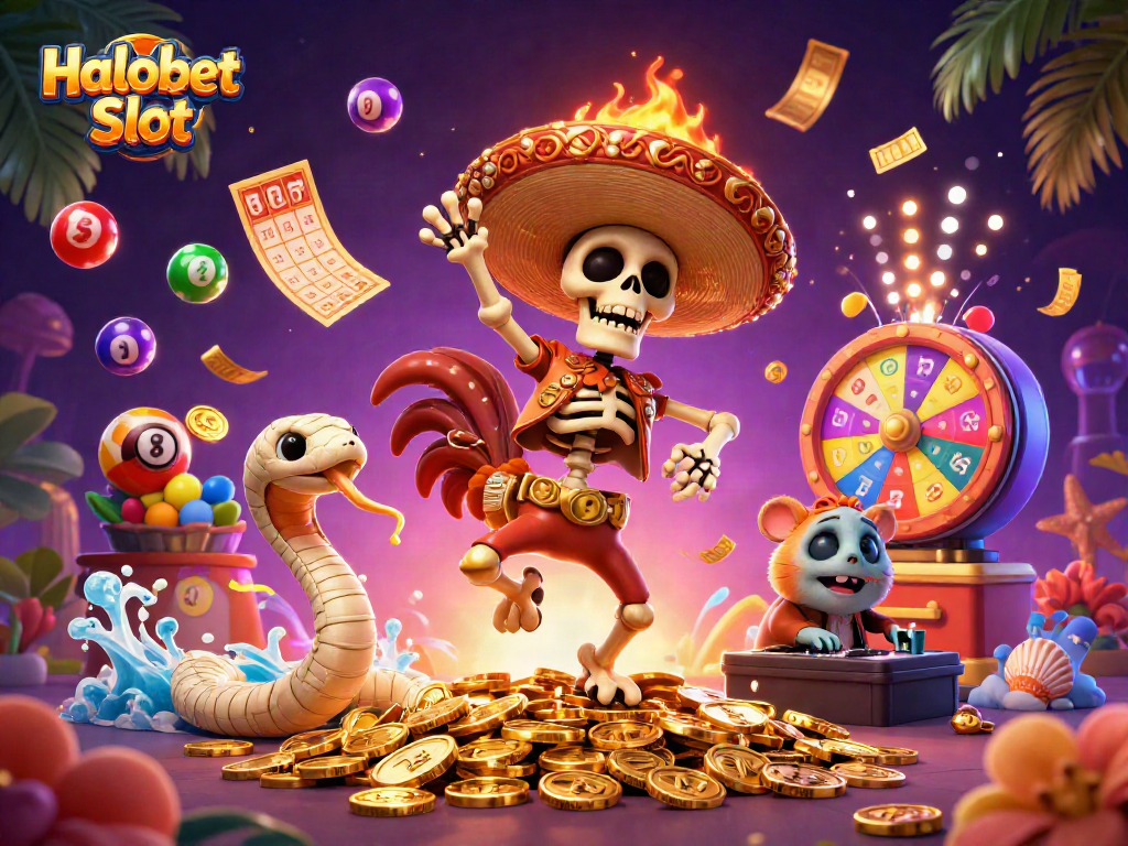 Celebrate big wins with the Halobet Slot's vibrant dynamic characters and golden casino elements!