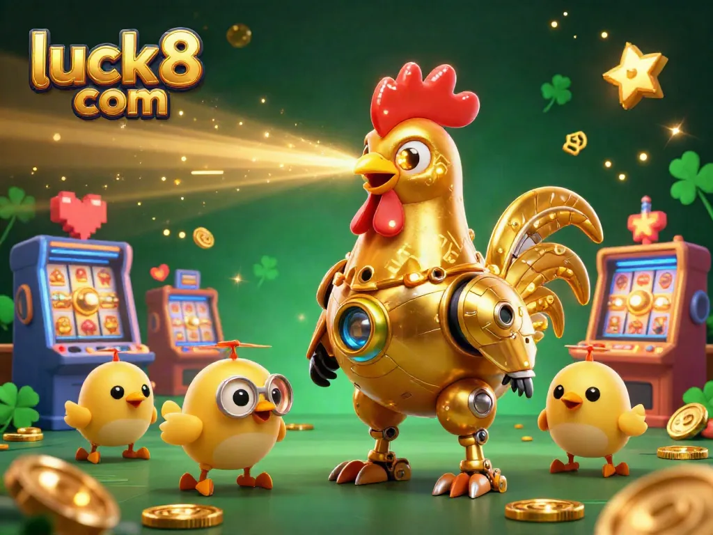 Engage with the vibrancy of luck8 com in an energetic casino scene featuring a golden rooster robot with chick drones.