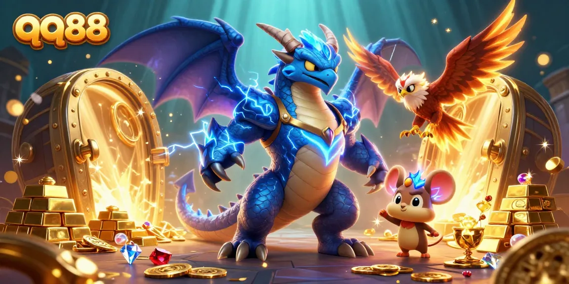 Bet on qq88 amidst a dynamic 3D casino scene full of treasures and vibrant gaming elements.