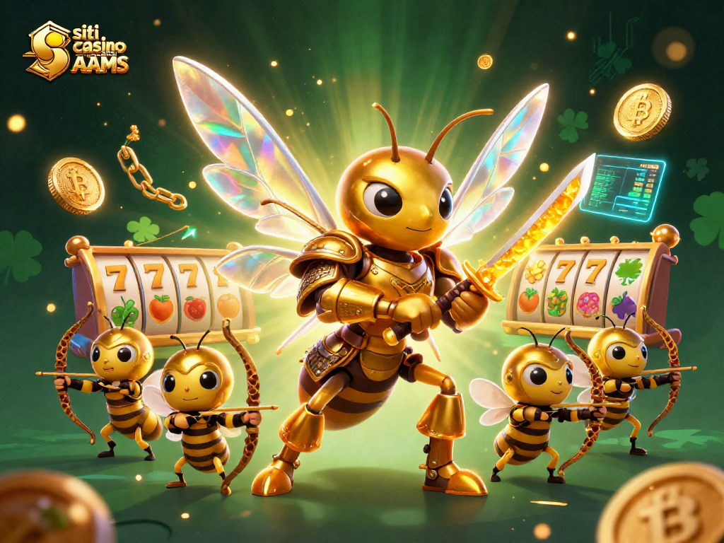 Gioca con i siti casino non AAMS e scopri slot dinamiche con simboli fortunati in un'illustrazione vivace.
