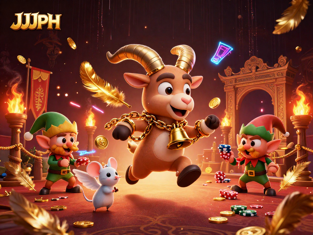 Ang Krampus goat at mga elf gremlins ay naglalaro sa casino JJJPH na puno ng mga chips at premyo.