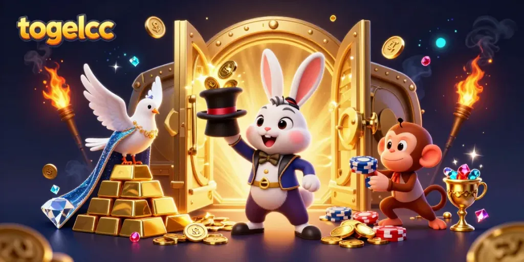 Experience the fun of togelcc with a magical scene featuring a rabbit magician, a dove, and a monkey amidst golden treasures.