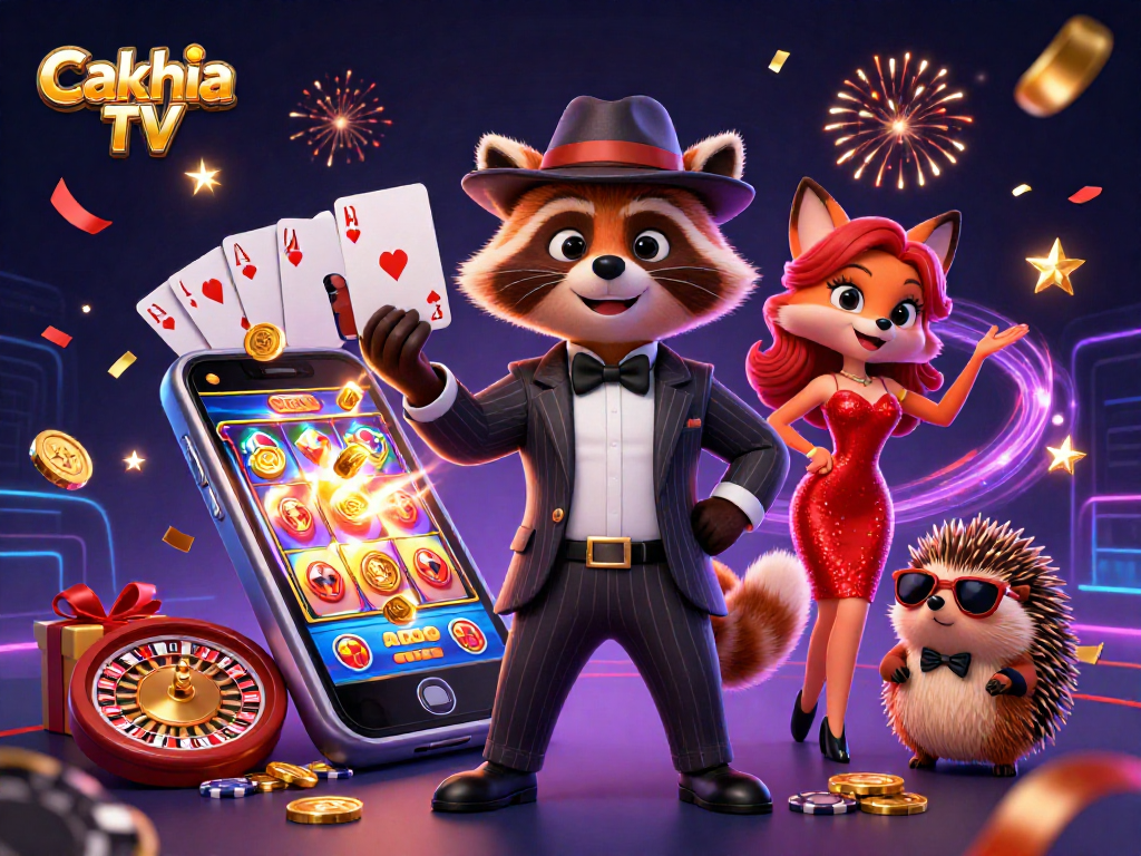 Cakhia TV features a raccoon with a royal flush, a fox in a red dress, and a hedgehog bouncer in an engaging casino scene