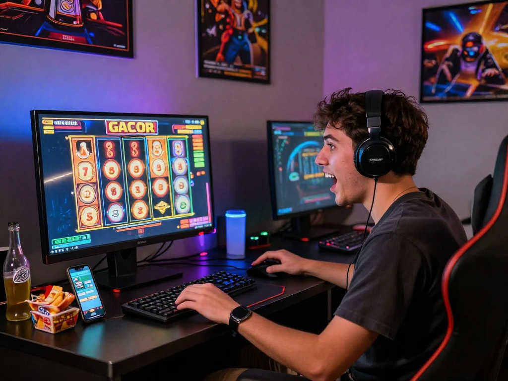 Player enjoying a thrilling slot gacor game in a vibrant gaming room setup.