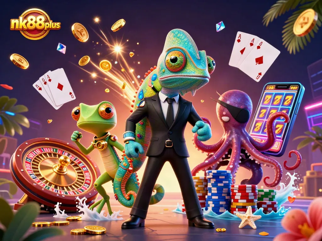 Engage with nk88plus at this vibrant 3D casino scene depicting thrilling games and winnings.