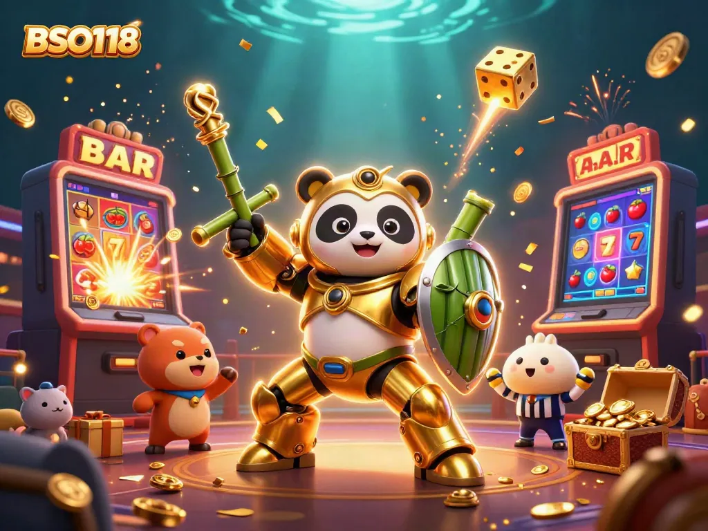 Experience the thrill of BSO118 with a golden panda and dynamic casino elements surrounding them.